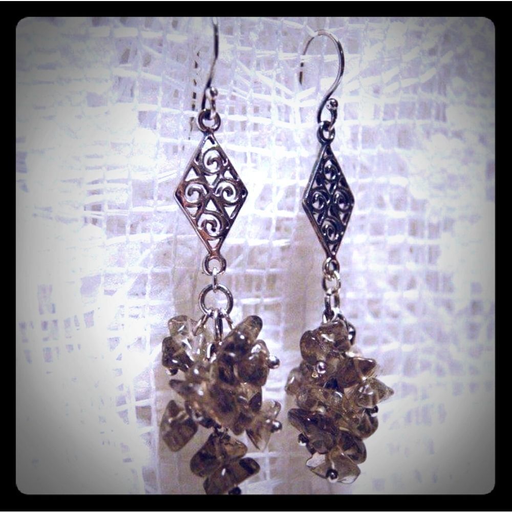 Handmade Sterling Silver Swirly Scroll & Gray Smoky Quartz Chip Cluster Earrings